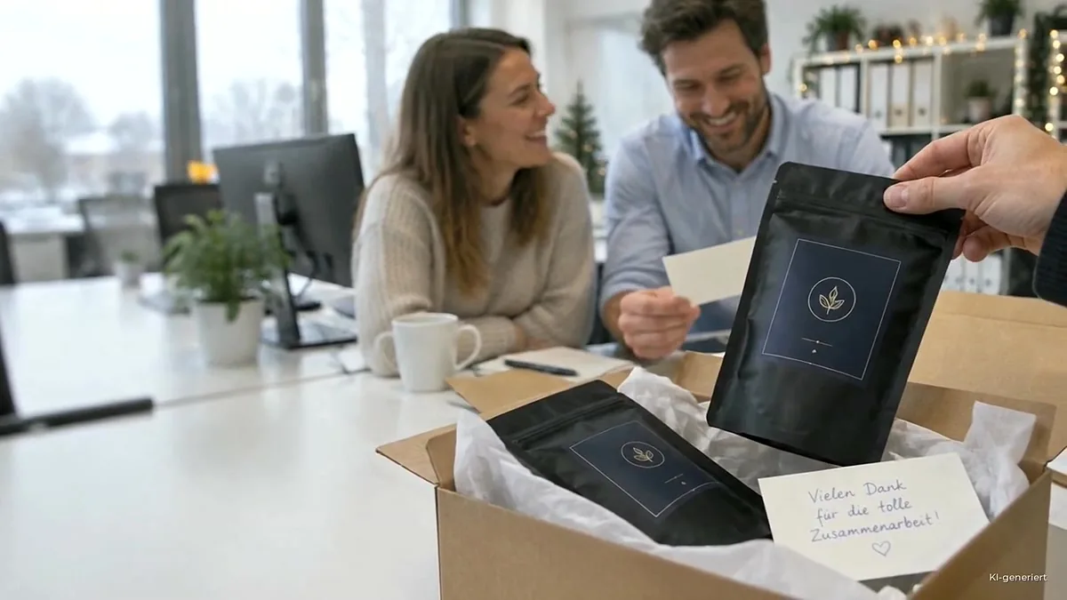 Büro: Ein Team packt schwarze Teebeutel mit Logo und eine Dankeskarte aus