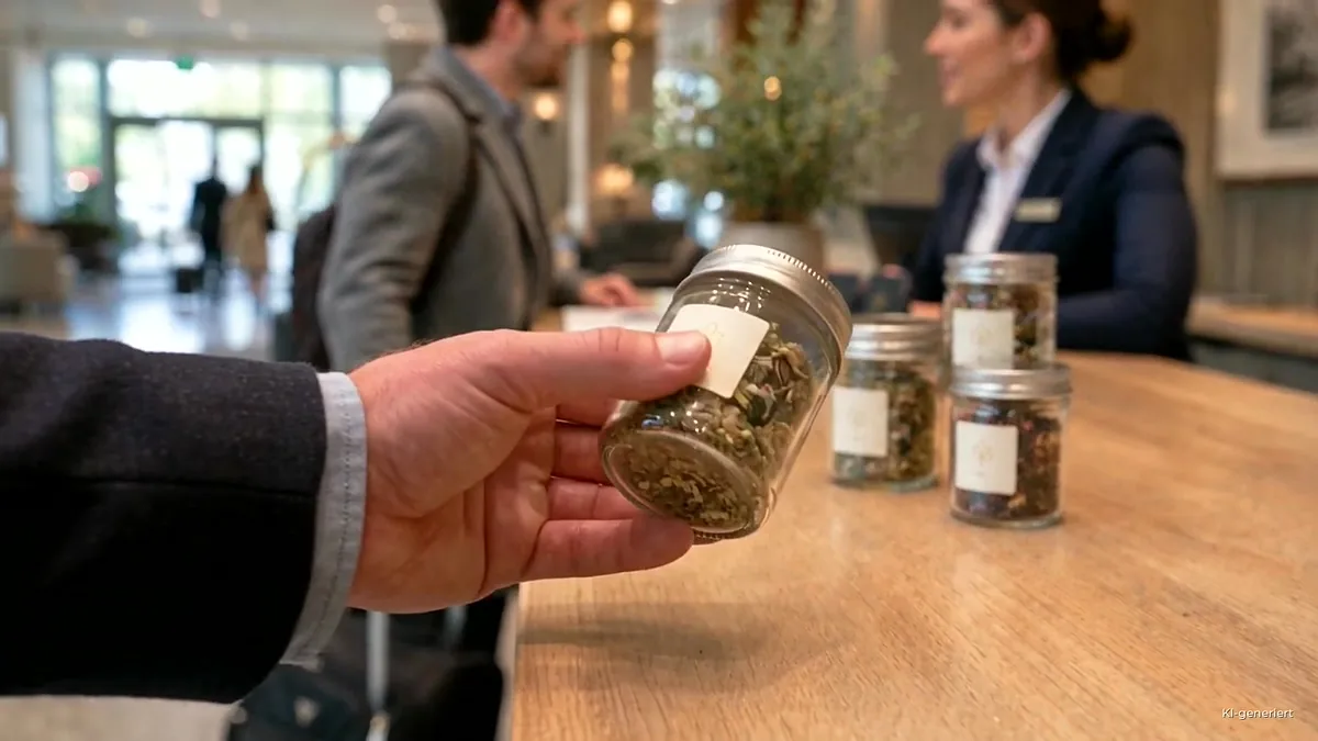 Hotelrezeption: Ein Gast erhält Tee im Glas mit Etikett als Willkommensgeschenk