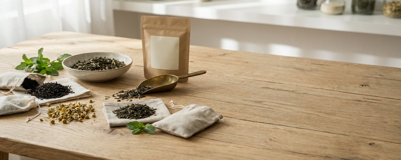 Tee, Kräuter und Verpackungsmuster auf einer Werkbank der Bio-Manufaktur