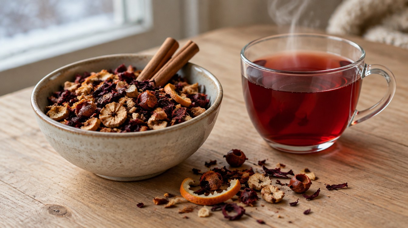Loser Früchtetee mit Apfelstücken, Orangenschalen, Hibiskusblüten und Zimtstangen in einer Schale, daneben eine Tasse mit rotem Aufguss
