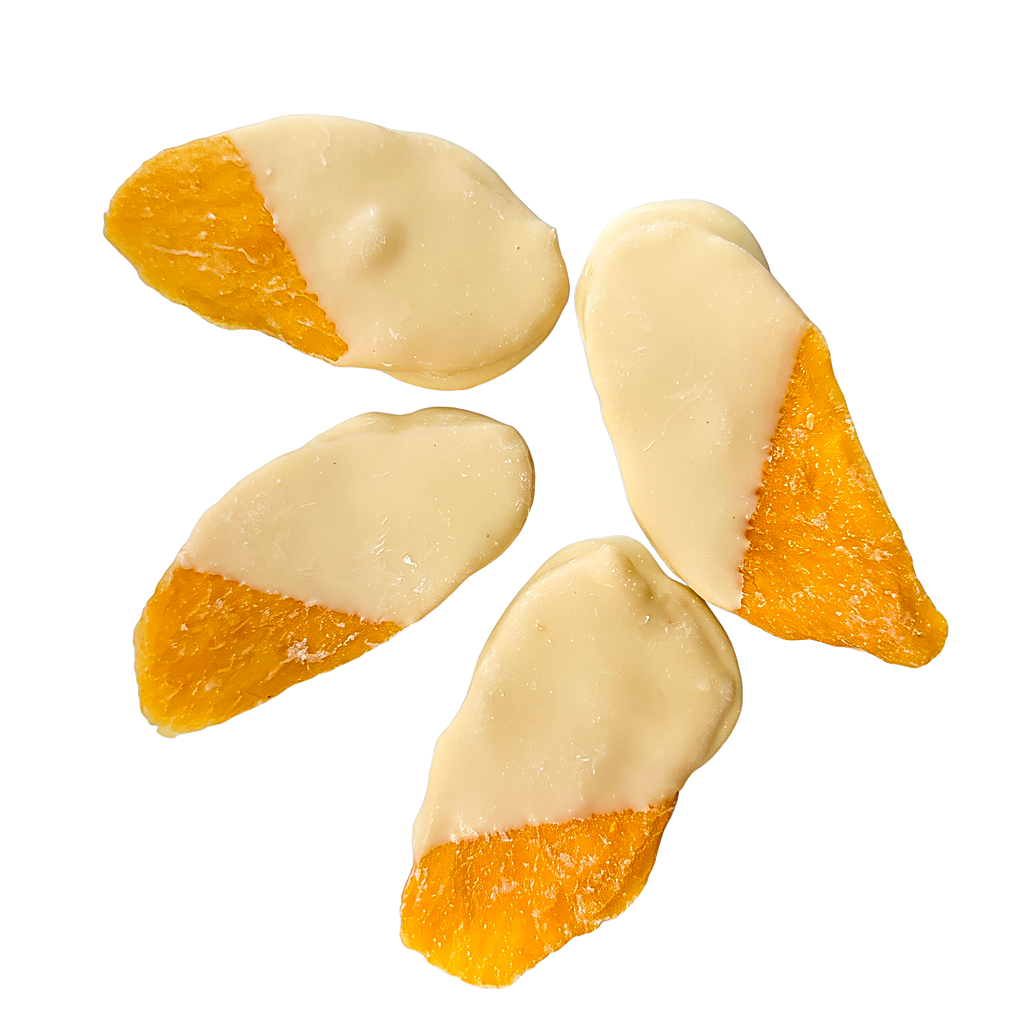 Mango Scheiben gedippt in weißer Glasur