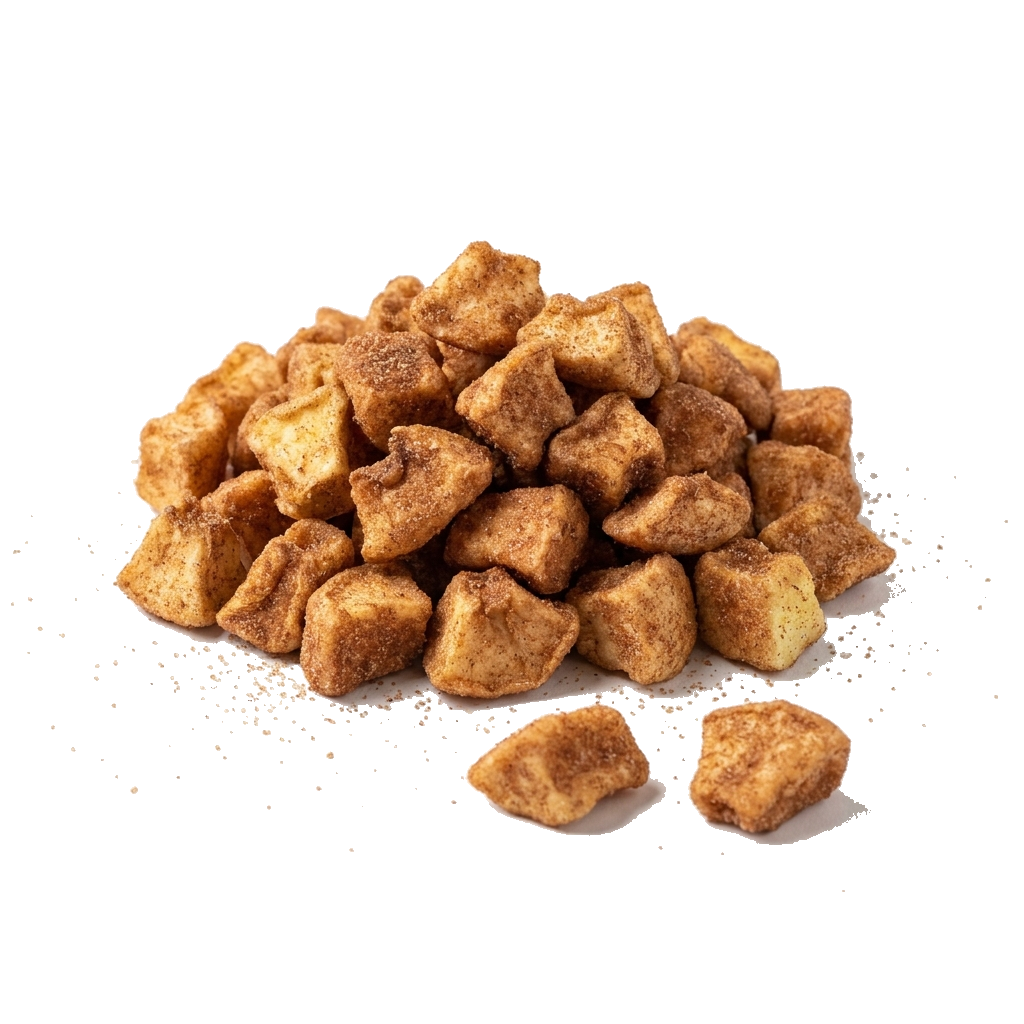 Apfelstücke, kandiert, säuerlich, geschwefelt, mit Zimt/Zucker