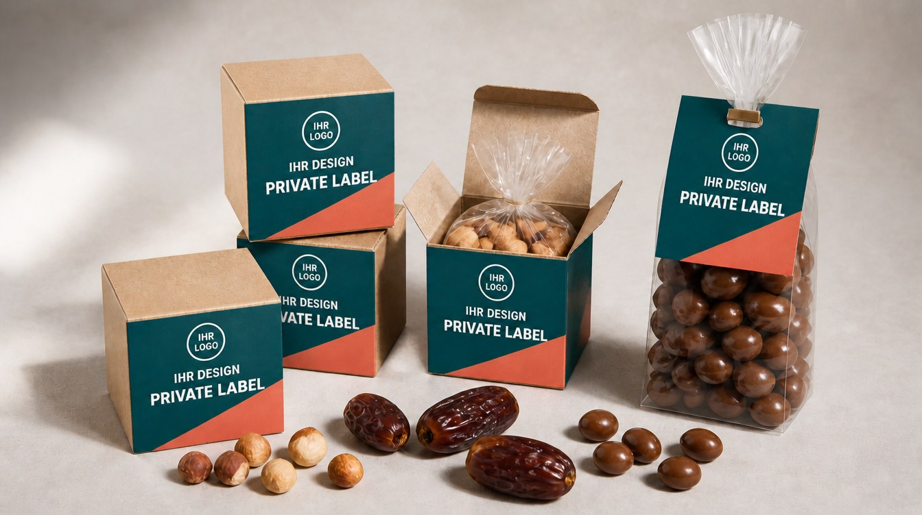 Drei geschlossene Würfel aus Kraftkarton und ein durchsichtiger Beutel mit schokolierten Mandeln, alle mit demselben Etikett in Petrol mit koraller Diagonale: ein Kreis mit der Aufschrift IHR LOGO, darunter IHR DESIGN und PRIVATE LABEL. Ein vierter Würfel steht offen und zeigt den Zellglasbeutel mit Haselnüssen. Davor liegen Haselnüsse, Datteln und schokolierte Mandeln.