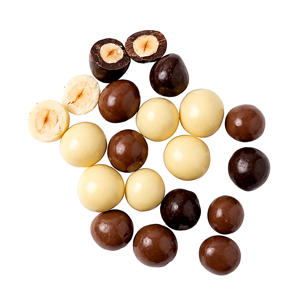 Haselnusskerne Mix mit weißer, Vollmilch- und Zartbitter- schokolade