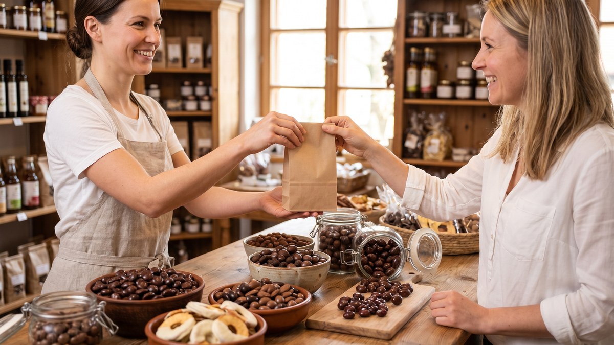 Über den Holztresen eines Feinkostladens reicht eine Verkäuferin einer Kundin eine unbeschriftete Kraftpapiertüte; davor stehen Schalen und Bügelgläser mit schokolierten Cranberries, Mandeln und Apfelringen in weißer Schokolade.