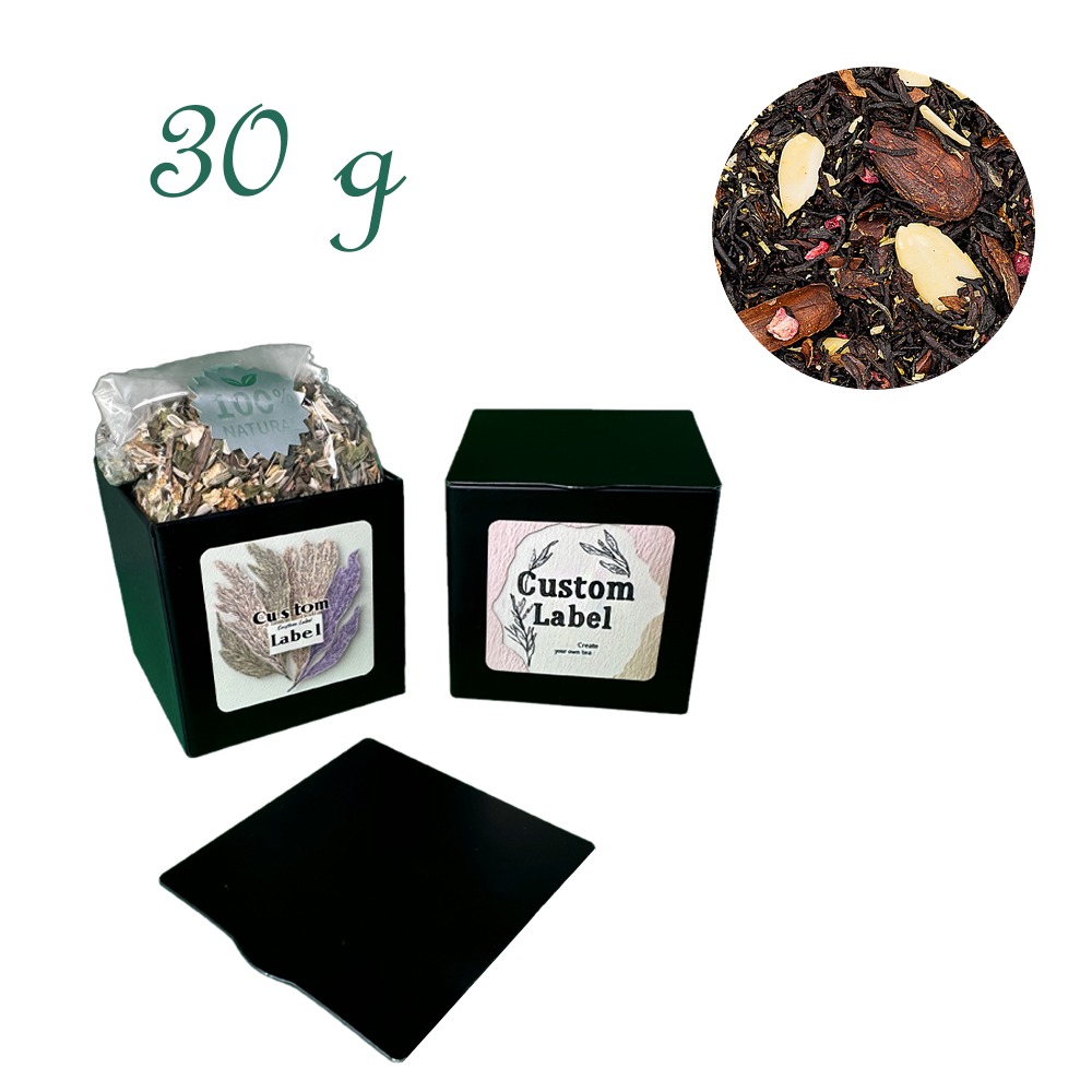 Quadratische Stülpdeckeldose, schwarz, Weißblech, Inhalt 30 g