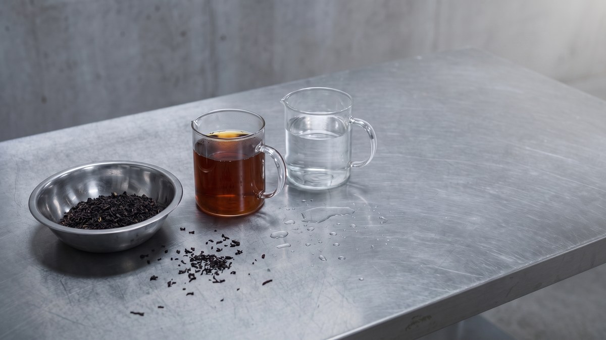 Loser Schwarztee in einer Edelstahlschale auf einem zerkratzten Arbeitstisch, daneben ein Glas mit fertigem Aufguss und ein Glas mit klarem Wasser