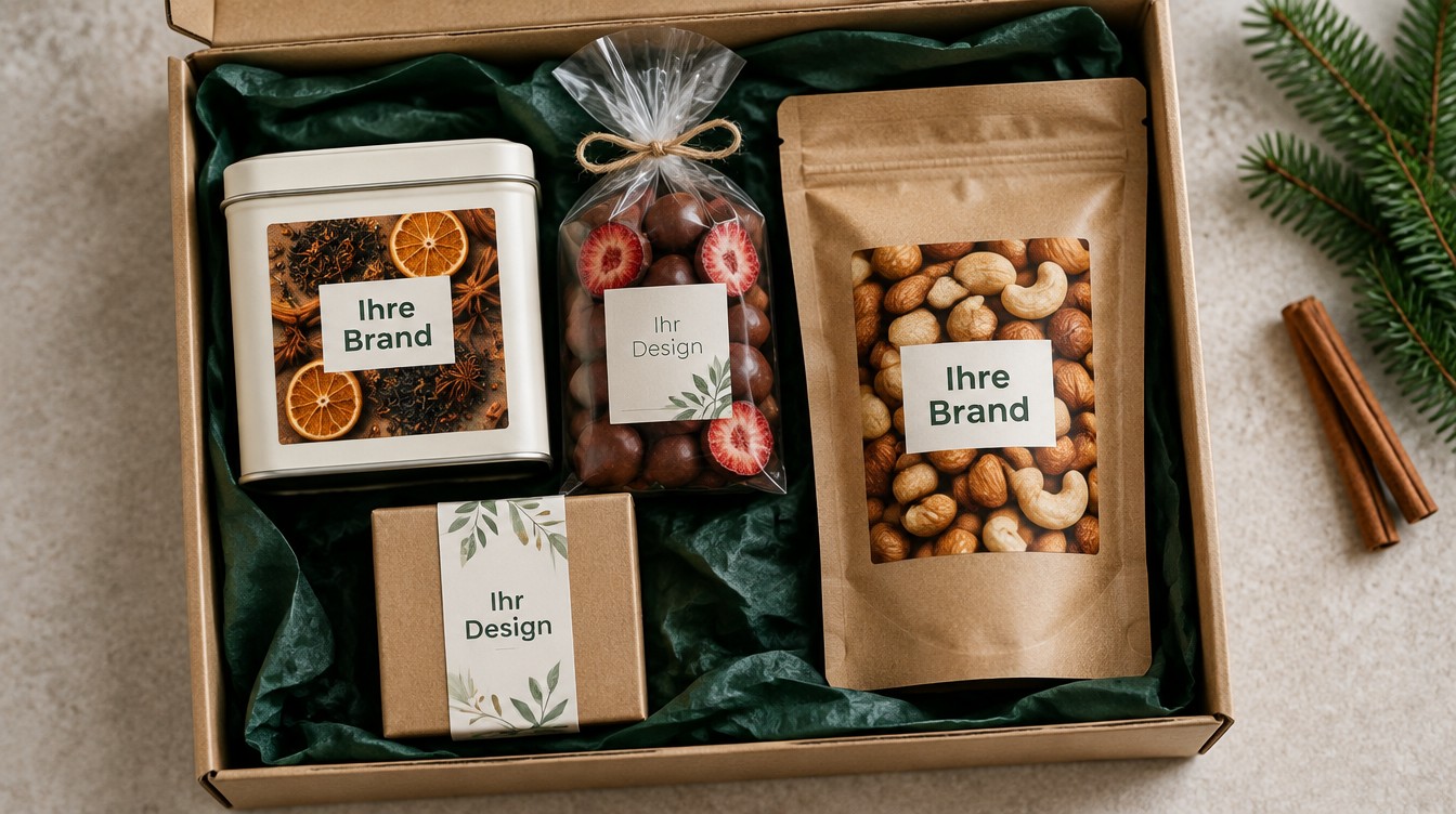 Geöffnete Präsentbox aus Kraftkarton mit einer Teedose, einem Zellglas-Beutel mit Schokofrüchten und einem Kraftpapierbeutel mit Nussmischung, jeweils mit eigenem Etikett