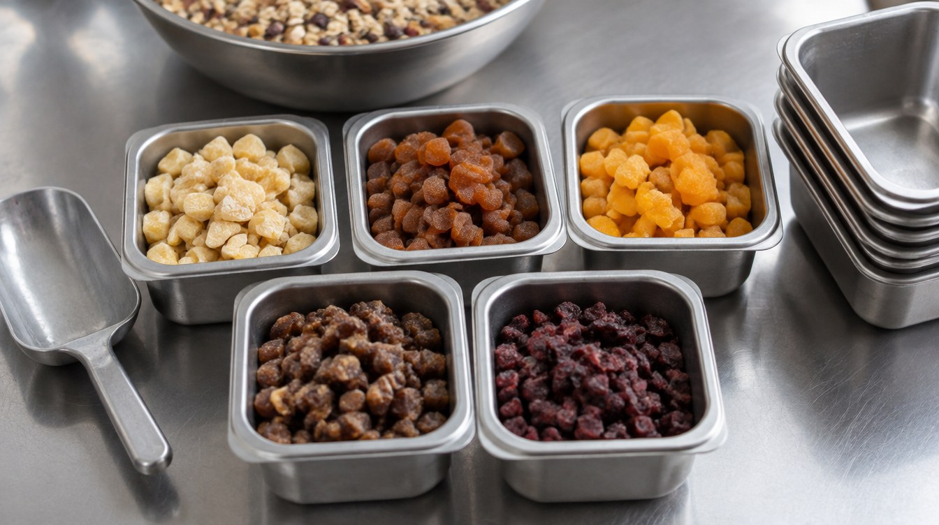 Fünf Edelstahlschalen mit gehackten Trockenfrüchten auf einer Edelstahl-Arbeitsfläche: helle Apfelwürfel mit Reismehl, braune Aprikosenwürfel, orange Mangowürfel, dunkle Dattelwürfel und rote Cranberrystücke, daneben eine Schaufel und ein Stapel leerer Schalen, im Hintergrund eine Schüssel Müsli.