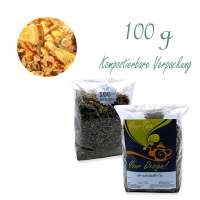 Kompostierbarer Zellglas-Beutel, Geprägtes Verschluss-Siegel aus Zuckerrohrpapier. Komplett abbaubar. Inhalt 100 g