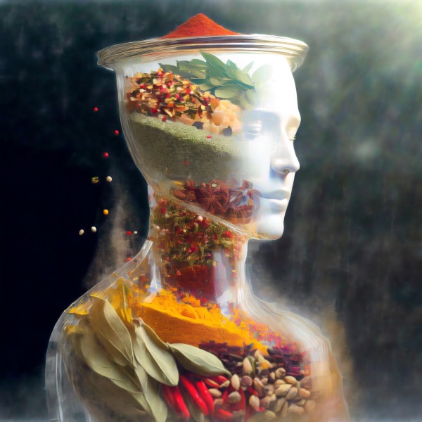 Firefly-A-beautiful-double-exposure-image-blending-a-3D-glas-man-and-many-colorful-spices-The-body