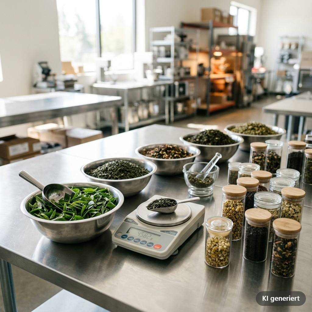 Manufaktur-Arbeitsplatz mit Teemischungen und Waage