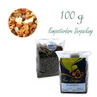 Kompostierbarer Zellglas-Beutel, Geprägtes Verschluss-Siegel aus Zuckerrohrpapier. Komplett abbaubar. Inhalt 100 g