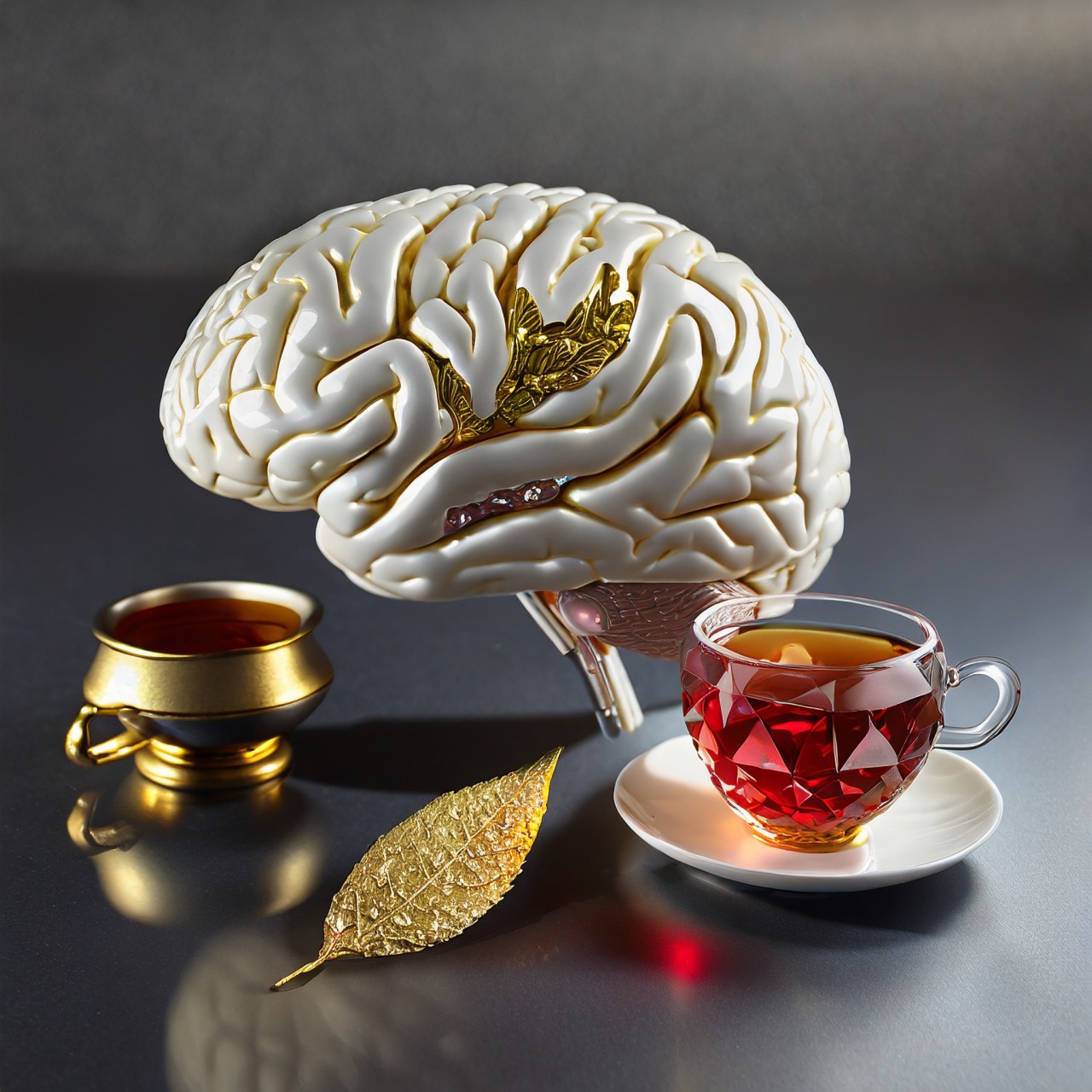 Ein stilisiertes Gehirnmodell aus weißem Porzellan mit goldenen Adern steht neben einer facettiert geschliffenen Glastasse mit rotem Tee und einem vergoldeten Teeblatt