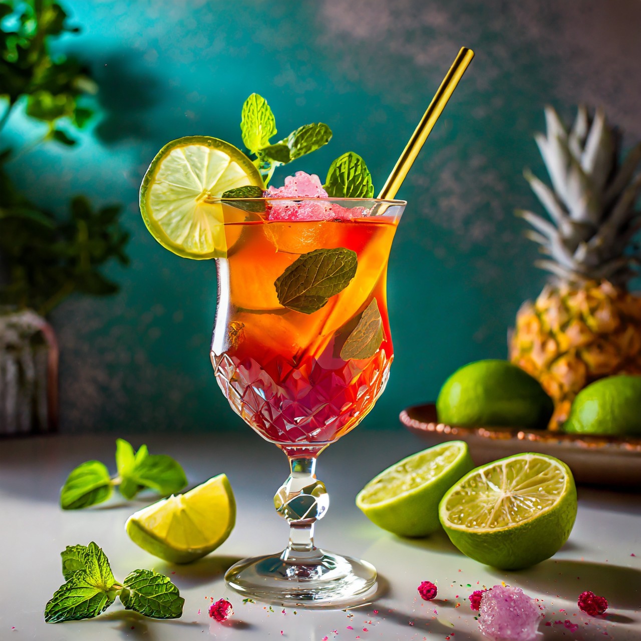 Ein buntes Schichtgetränk aus Tee in einem geschliffenen Kelchglas mit Limettenscheibe, Minzblättern und goldenem Strohhalm; daneben halbierte Limetten und eine Ananas vor türkisfarbener Wand